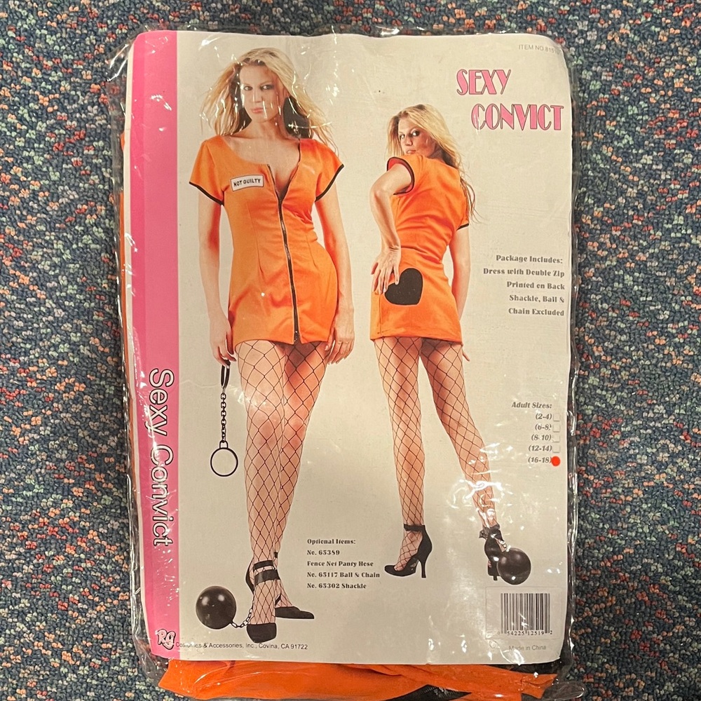 Sexy Convict Halloween Costume Orange Mini Dress w Zipper, Heart &fake handcuffs - Picture 2 of 15